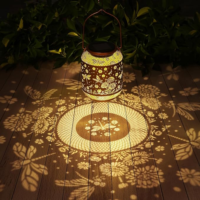 2 Pack Solar Lanterns Outdoor Waterproof Dragonfly Garden Decor Birthday Gifts for Women Mom Grandma Hanging Solar Lights Metal Decoration Outside for Yard, Patio, Backyard, Porch,Pathway