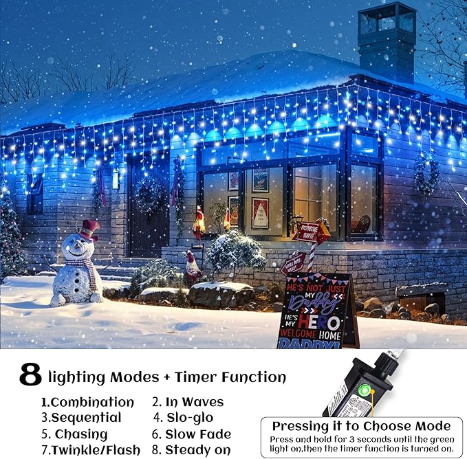66ft Icicle Lights for Outside, Blue and White Christmas Lights Outdoor Indoor, 640 LED Twinkle String Light with 120 Drops Short Curtain Lights for Thanksgiving Room Home Wall Bedroom Window Decor