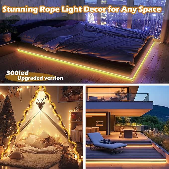 98FT Waterproof 300LEDs Solar Rope Lights, Type C Charging, Remote-Controlled, for Outdoor Pathway Pool Patio Party Garden Yard Palm Tree Holidays (Brighter - Warm White)