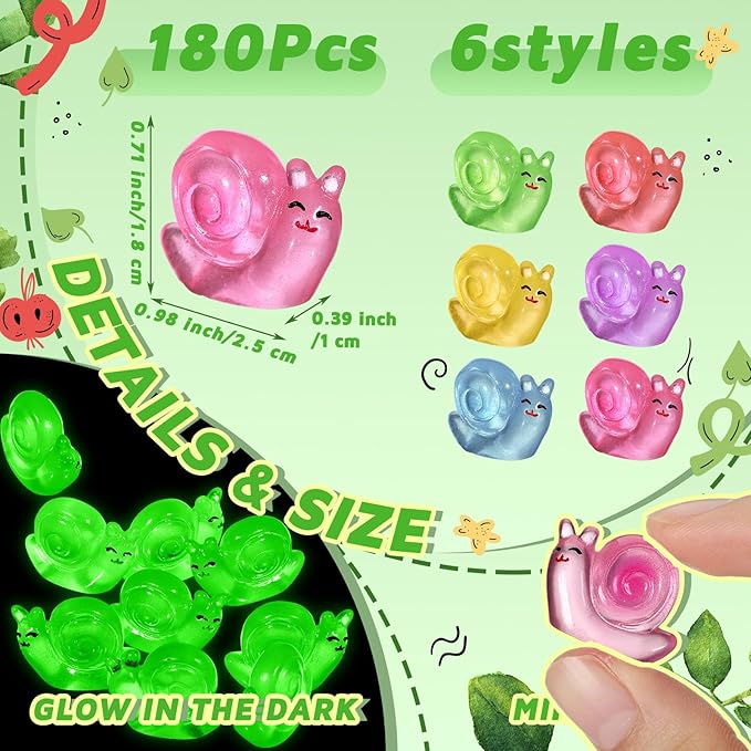 180 Pcs Luminous Resin Snail Miniatures Mini Animals Figures Cute Snail Figurine Fairy Decor Animal Ornament for Garden Landscape Home Accessories Craft Cake Decoration DIY