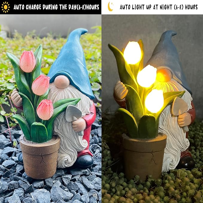 Garden Gnome Statue, Sculpture of a Dwarf Holding a Shovel and a Flower Pot, Solar Gnome Statues Outdoor Decor, Outside Lawn Patio Yard Ornament Gifts