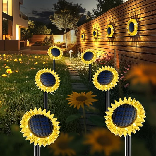 Hogni 6PK Solar Garden Lights, Ground Stake/Hang 2 in 1 Solar Sunflowers Outdoor Waterproof IP67, Outdoor Decor for Pathway Walkway Landscape Backyard Fence Decoration