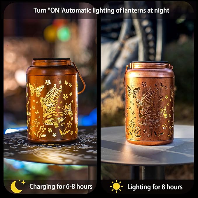 2pack Solar Lanterns Outdoor Waterproof Hanging Butterfly Lights LED Metal Fairy Lantern Decorative Garden,Patio,Landscape,Walkway,Festival Christmas Decor Gifts for Women Mom Grandma