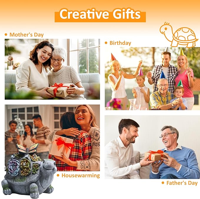 Garden Turtle Statue, Solar Outdoor Decor Tortoise with Succulent, Waterproof Animal Ornaments for Patio Clearance Balcony Court, Great Easter Gift Birthday for Mom Women