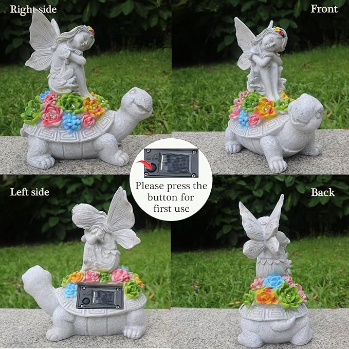 Garden Statues Outdoor Decorations Solar Turtle Angels Decor with Succulents LED Lights Garden Ornaments Figurines for Patio Yard Lawn Gifts for Women Grandma