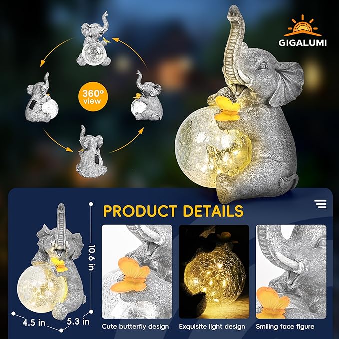 GIGALUMI Solar Garden Outdoor Statues for Women, Mom, Grandma. Glass Globe Elephant Figurine Housewarming and Birthday Gifts Elephant Statue Decor for Backyard, Patio, Balcony, Lawn, Pond