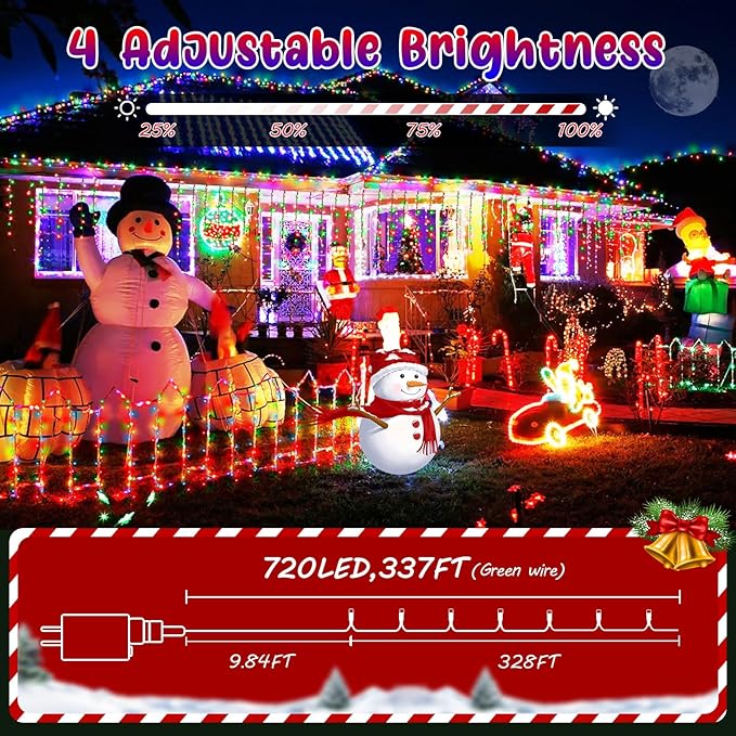 Hezbjiti 337 FT 720 LED Color Changing Christmas Lights Outdoor, 11 Modes String Lights IP44 Waterproof Fairy Light for Party Tree Garden Wedding Decorations (Warm White to Multicolor, Green Wire)