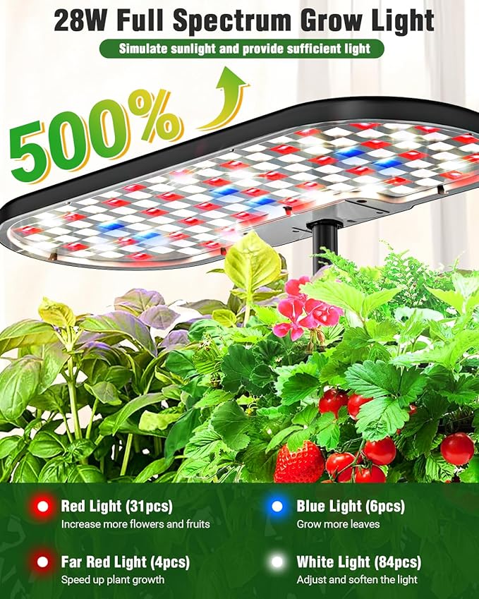 Hydroponics Growing System Kit, 16 Pods Indoor Garden with 28W Full Spectrum LED Grow Light, Auto Timer, 3 Smart Light Modes, 8L Large Herb Garden, Ideal Gardening Gift for Women, Men (Black)