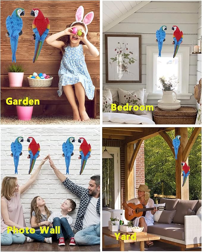 2Pcs Large Resin Parrot Decor Statues Lifelike Hawaiian Tropical Birds Decor, 12.5" Fake Parrot for Tiki Decoration Outdoor Garden Tree Wall Pool Macaw Statues Bird Lover Ornament Gifts(Blue and Red)