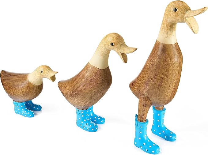 GUTE Duck Yard Decorations Yard Art Garden Puddle Ducks with Blue Spotted Wellies Boots, Set of 3 - Garden Decor Statues, Duck Figurine Statue - Waterproof Indoor & Outdoor Lawn Gnome Ornament