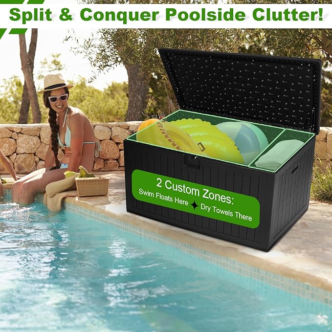 320 Gallon Outdoor Storage Box Waterproof, Extra Large Plastic Outside Deck Box Weatherproof, Resin Patio Storage Bin with Lock and Lids for Pool Equipment, Cushion