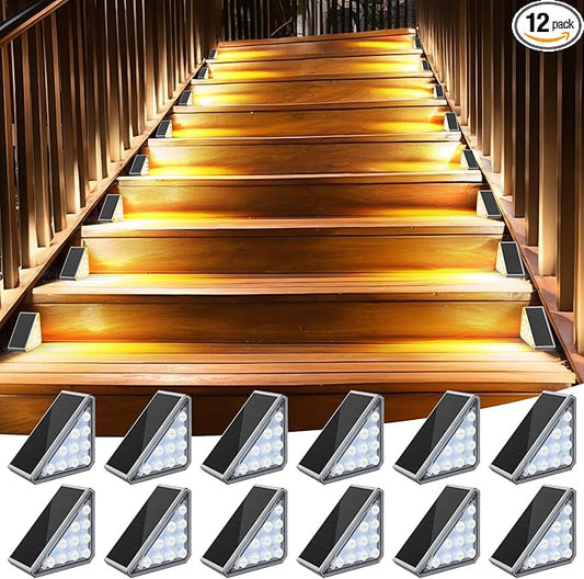 12 Pack Solar Stair Lights Outdoor Stair Lights with Waterproof IP67 LED Solar Light for Outside Light Decor for Stair, Deck, Front Step, Front Porch, Patio, Garden and Backyard