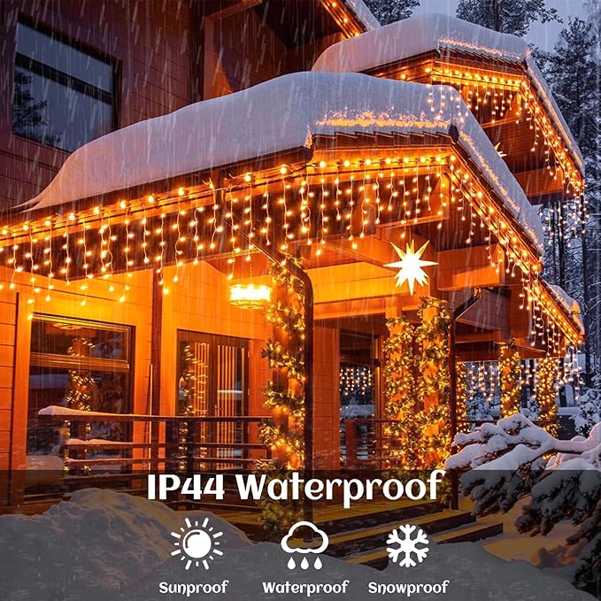 66ft Icicle Lights for Outside, Orange Christmas Lights Outdoor Indoor 640 LED Twinkle String Lights with 120 Drops Clear Wire Short Curtain Lights for Room Home Wall Bedroom Decor