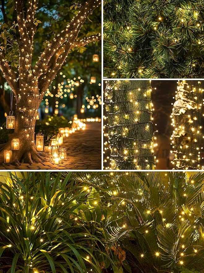 2 Pack Total 400 LED Solar Christmas Lights Outdoor, Solar String Lights for Outside with 8 Modes, Waterproof Green Wire Solar Powered Tree Light for Xmas Party Yard Garden Decorations (Warm White)