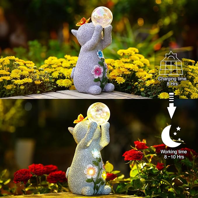 Goodeco Solar Cat Garden Statue - Outdoor Cat Decor with Solar Butterfly & Succulent Flowers LED Lights for Cat Lovers and Garden Enthusiasts - Ideal Gifts for Mom & Birthdays