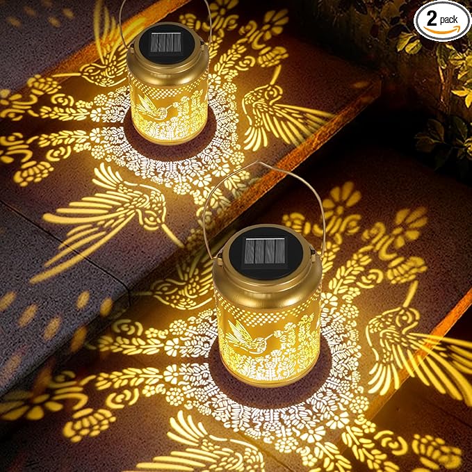 Garden Decor Birthday Gifts for Women, Solar Lanterns Hummingbird Outdoor Decoration, Mothers Day Gifts for Mom Grandma, Hanging Solar Lights Outside for Yard, Patio, Backyard, Porch (2 Pack)