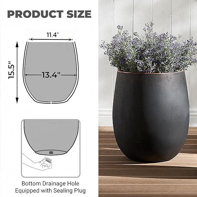 15.5" H Outdoor Concrete Planter, Round Flower Pot with Drainage Hole and Silicone Plug, Plant Container for Garden, Patio, Home, Office, Black, Copper Rim, 1 Pack