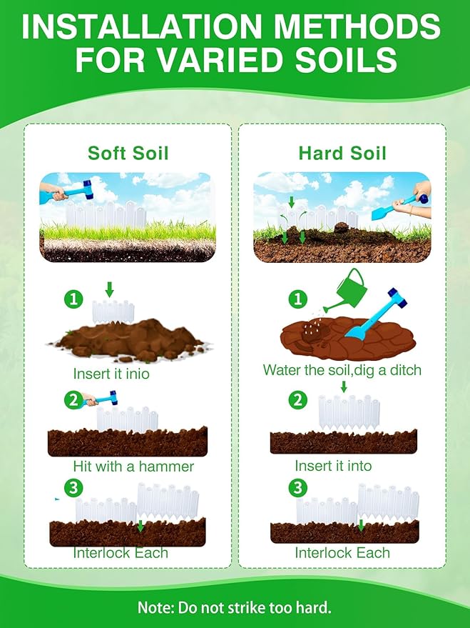 20PCS White Garden Edging Borders, 9.76" H Plastic Fences Edging with Hammmer Shovel Gloves, 13.6Ft Decorative Interlocking Landscape Edging, Flexible Flower Bed Border for Patio