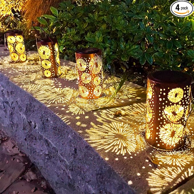 4 Pack Fireworks Solar Gardening Lanterns, Garden Decor for Outside, Pattern Solar Decorative Lights, Waterproof, Outdoor Gifts for Women, Mom, Grandma, Yard Gifts for Patio, Pathway