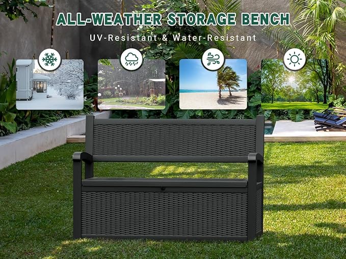 80 Gallon Outdoor Storage Box, Resin Patio Furniture with Armrest, Lockable Deck Box with Waterproof and UV Resistant for Patio Cushions, Garden Tools and Pool Supplies, Black