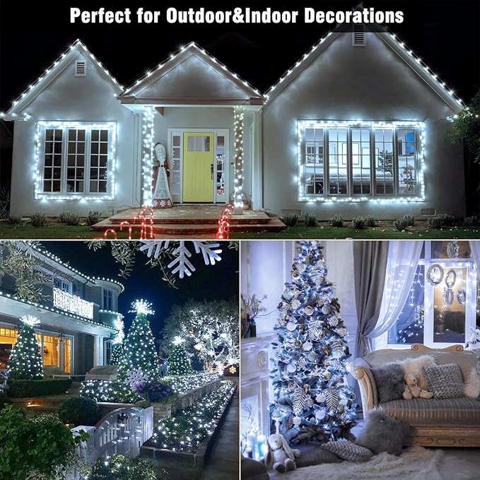 33ft 100 LED Christmas Lights Outdoor - 8 Modes Christmas String Lights Clear Wire with Time Memory, Waterproof Plug in Fairy String Lights for Indoor Outdoor Home Party Garden Decoration, Cool White