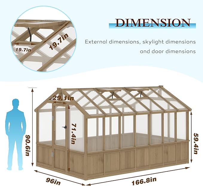 8x14 FT Outdoor Greenhouse Kit, 6MM Thick Polycarbonate Panel Wooden Walk-in Green House with Adjustable Roof Vents & Roof Vents, Backyard Garden, Light Mocha Brown