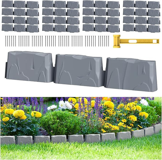 16Pcs Landscape Edging(24 Foot) with 48 Pieces 8-inch Spikes | 3 Inch Tall Faux Stone Edging for Landscaping | Faux Stone Edging Bricks for Flower Bed,Lawn,Yard,Weed Barrier(Dark Grey)
