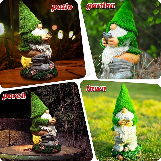 Garden Gnome Statues - Resin Gnome Figurine Sitting on Solar Crackle Glass Globe Lights, Funny Garden Gnome Ornament for Patio Yard Lawn Porch Outdoor Decor