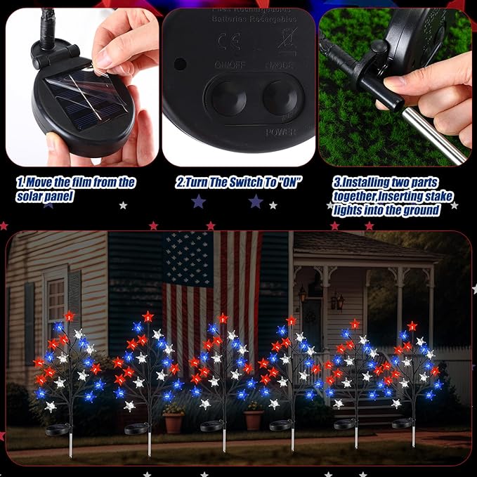 6 Pcs Solar 4th of July Decorations Outdoor Lights 8 Modes Star Stake Lights Waterproof Solar Patriotic Decorations Lights for July 4th Memorial Day Garden Yard Pathway