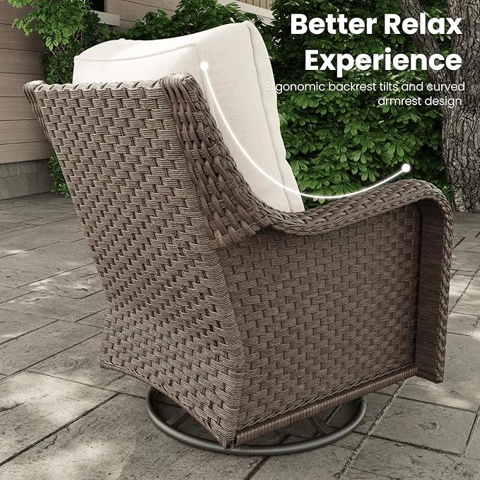 3 Pieces Outdoor Patio Furniture Sets with Rocking Swivel Chairs with 6-inch Thick Cushion and Side Table for Deck Lawn