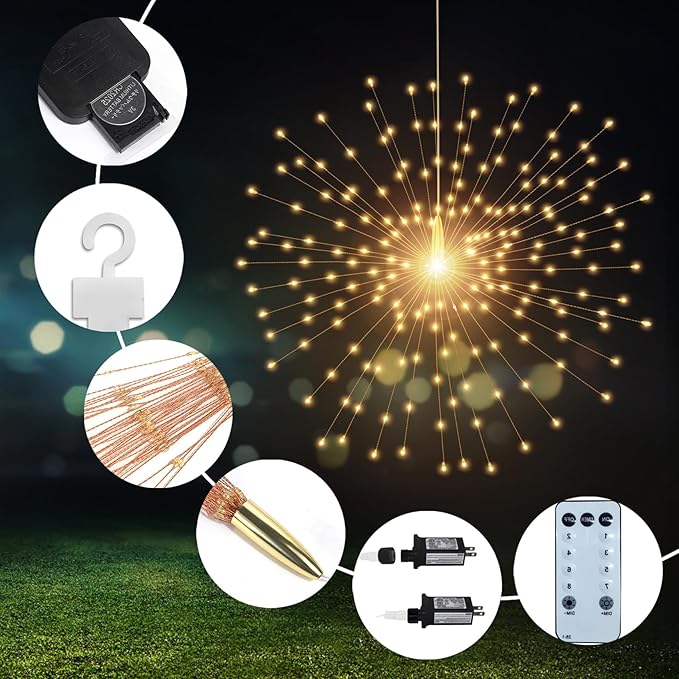5 Pcs 1000 LED Plug-in Starburst Sphere Lights, Firework 8 Modes Dimmable Remote Control Waterproof Hanging Fairy, Copper Wire for Patio Party Tent Christmas (Warm White)