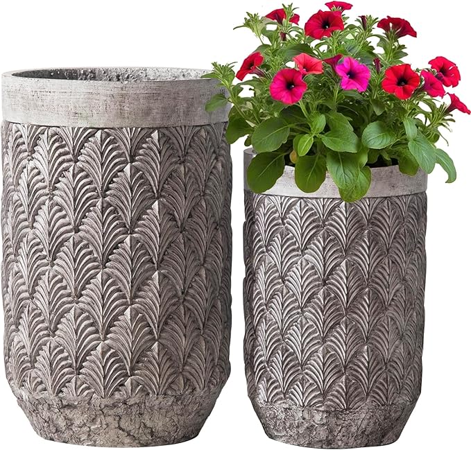 15.5 & 19 inch high Concrete Flower pots Set of 2, The planters for Outdoor Plants with Drainage Hole, Modern Family Outdoor Decor Plant pots, Indoor Plant pots for Home Decor.