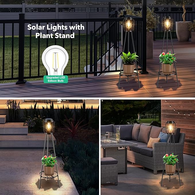 2 Pack Solar Lights Outdoor with Plant Stands, Solar Floor Lamp with LED Edison Bulbs for Garden Yard Pathway Driveway Front/Back Porch Decoration