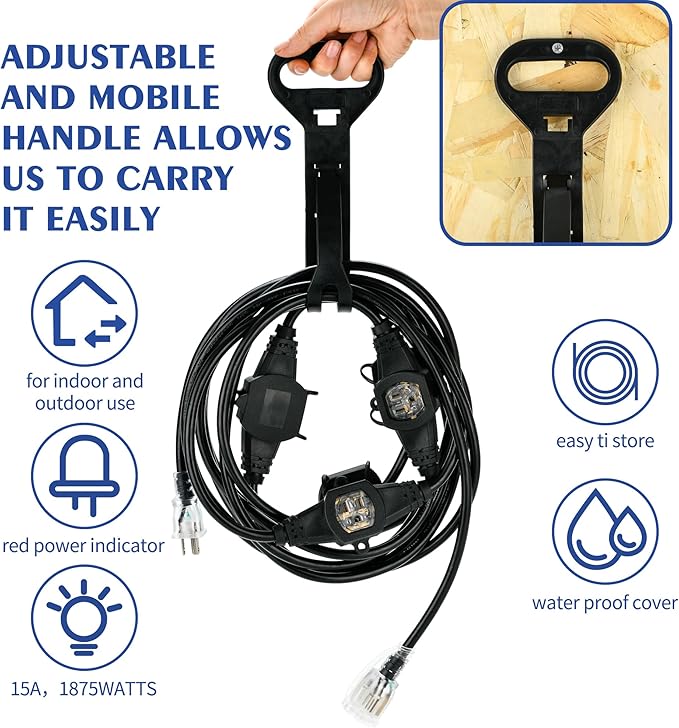 20FT 16 Gauge Multi-Outlet Extension Cord, 4 Evenly Spaced Weatherproof Outlets, Great for Stage Backdrops, Landscape Garden Lighting, Christmas Decorations ETL