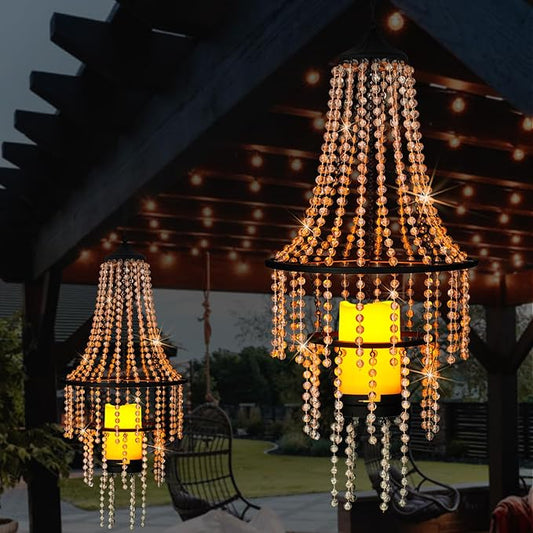 Hanging Candle Chandelier Outdoor, Battery Operated Clear Acrylic Beaded Chandelier with Flickering Led Candle Light S Hooks Modern Lantern for Garden Yard Patio Gazebo Room Indoor Decorations, 28”H