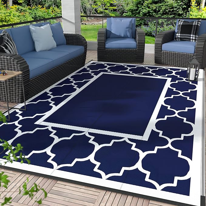 GENIMO 3' x 5' Outdoor Rug Waterproof for Patio Decor, Foldable Reversible Plastic Straw Area Rugs Mat for Camper, Outside Carpet for Rv, Deck, Porch, Picnic, Beach, Balcony, Blue & White