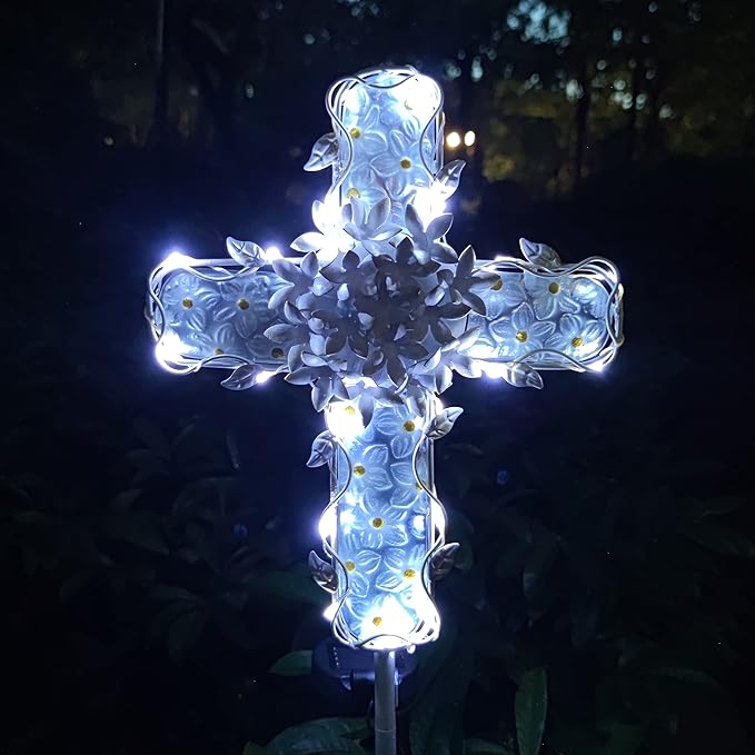 38Inch Solar Cross Garden Lights Outdoor Decorative - Solar Metal&Glass Cross White Hydrangea Flower Stake Lights- Waterproof 20 Warm White LED for Remembrance Gifts & Sympathy Gifts.