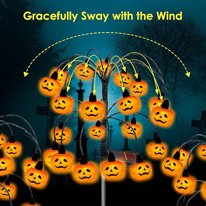 Halloween Decorations, 4 Pack 80LED Solar Halloween Pumpkin Lights Outdoor Waterproof Halloween Solar Garden Lights Swaying Firefly Lights for Yard Garden Patio Party Decor Orange