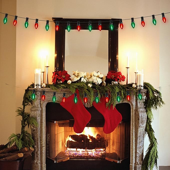 Abeja 25Ft Christmas Lights Multicolor, C7 Red Green Vintage Christmas Lights with 27 Glass Bulbs, Hanging Outdoor String Lights for Holidays, Christmas Prom Party Wedding Decor, Red/Green