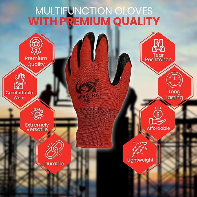 10 OR 20 Pairs Work Gloves–Heavy Duty Rubber Coated Safety Work Gloves–Multipurpose Gloves