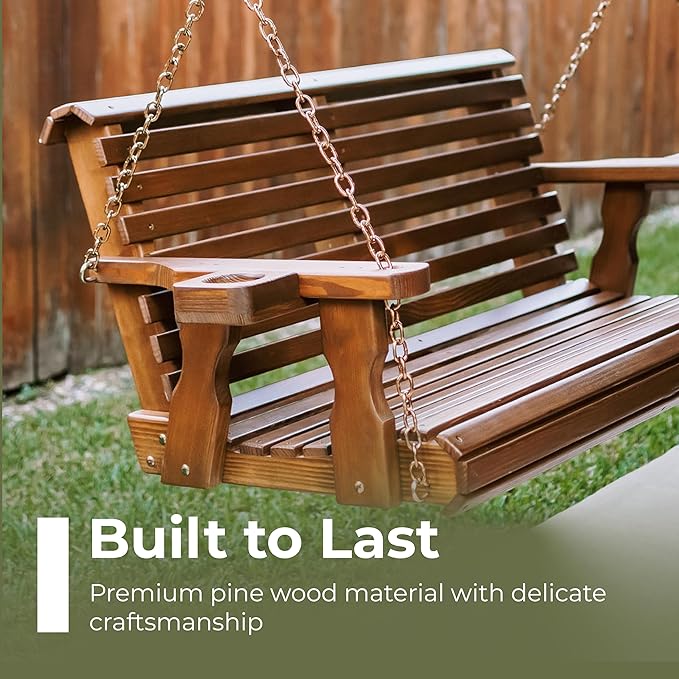 Amish Casual 6 Foot Roll Back Porch Swing with Cup Holders in Oak Stain - Amish Made in The USA from Treated Pine Heavy Duty 700 Lb. Weight Capacity