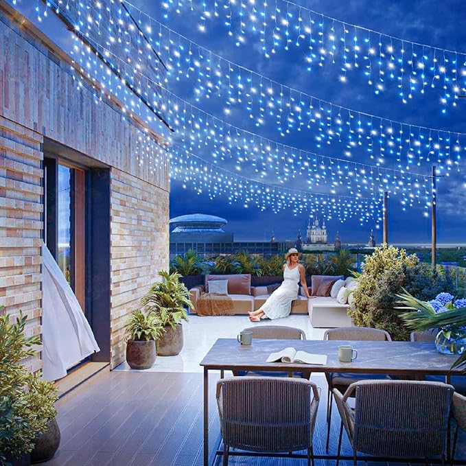 66ft Icicle Lights for Outside, Blue and White Christmas Lights Outdoor Indoor, 640 LED Twinkle String Light with 120 Drops Short Curtain Lights for Thanksgiving Room Home Wall Bedroom Window Decor