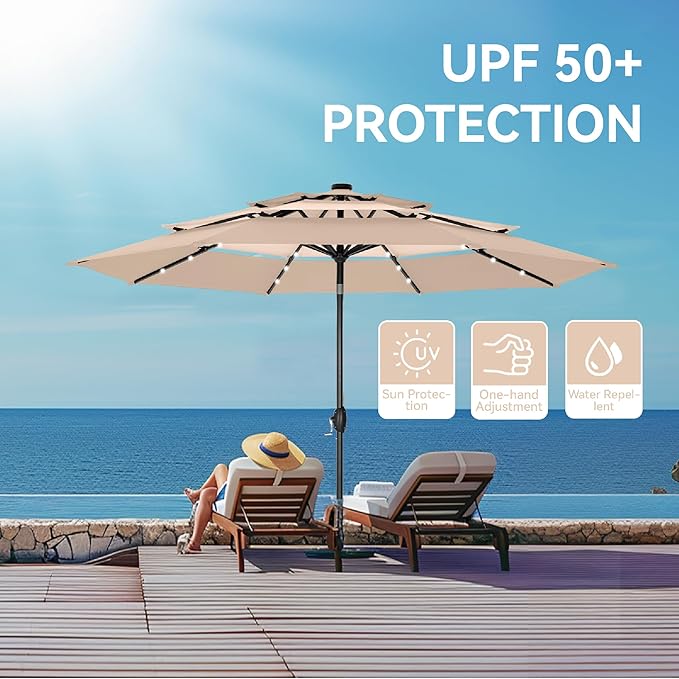 GREEN PARTY 10ft Outdoor Patio Umbrella, Auto-Tilt Market Table Umbrellas with Crank, 8 Sturdy Ribs & 1.5" Pole UV Protection for Garden Deck Backyard Pool