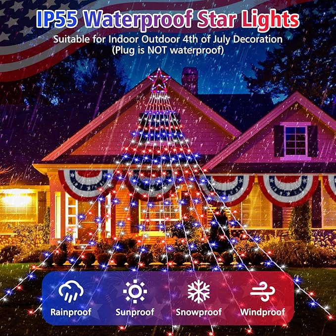 4th of July Decorations Lights, Red White Blue String Lights 320 LED 11.5 Ft Flag Stars Patriotic Light with Big Star Topper Waterproof 8 Light Modes for Indoor Outdoor Memorial Day Independence Day