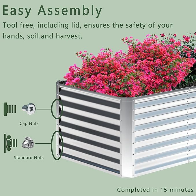 12x2x1FT Galvanized Raised Garden Bed,Planter Raised Beds-Metal Garden Box,Large Plant for Outdoor Planting, Vegetables Bed,Flower,Herb-Sliver