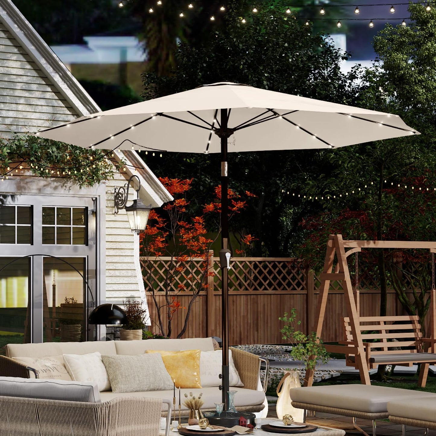 10FT Solar Umbrella 32 LED Lighted Patio Umbrella Table Market Umbrella w/Tilt and Crank, UV-Resistant Outdoor Umbrella for Pool, Garden, Deck, Creamy White