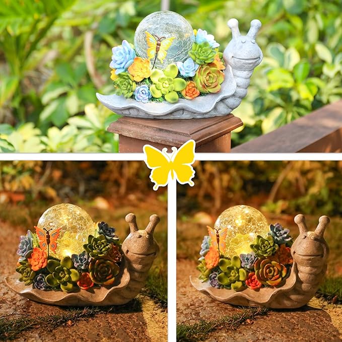 Afirst Solar Garden Snail Statues with Succulent Outdoor Resin Figurine Solar Lights Statue Decorations for Lawn, Patio, Balcony, Yard Ornament