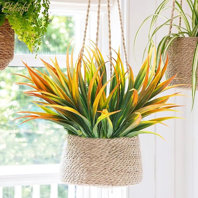 32 Pcs Artificial Grass Fake Plants 17.3in Outdoor Plastic Plants UV Resistant Greenery Fake Grass for Home Window Garden Office Patio Hanging Planter Pathway Front Porch Décor Orange Yellow