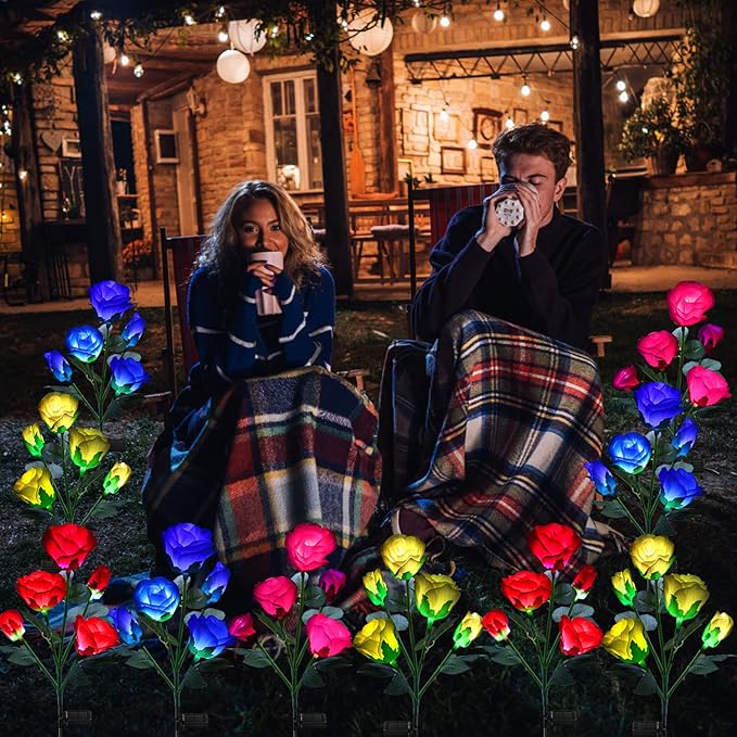 ANGMLN 2 Pack Solar Garden Lights, Solar Flower Lights Outdoor Waterproof with 10 Head Red Rose 7-Color Changing Landscape Light for Pathway Garden Patio Yard Valentine's Day Christmas Decoration