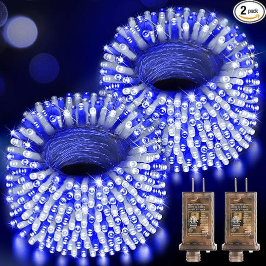 Hezbjiti 2 Pack 1000 LED 403 FT Christmas String Lights Outdoor, 8 Lighting Modes IP44 Waterproof Fairy Lights with Timer and Dimmable Function for Party Tree Decorations (Blue+White, Clear Wire)